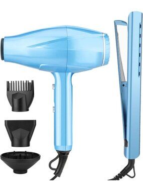 Ionic Hair Dryer & Titanium Flat Iron Set, 2200W Fast Drying, Low Noise
